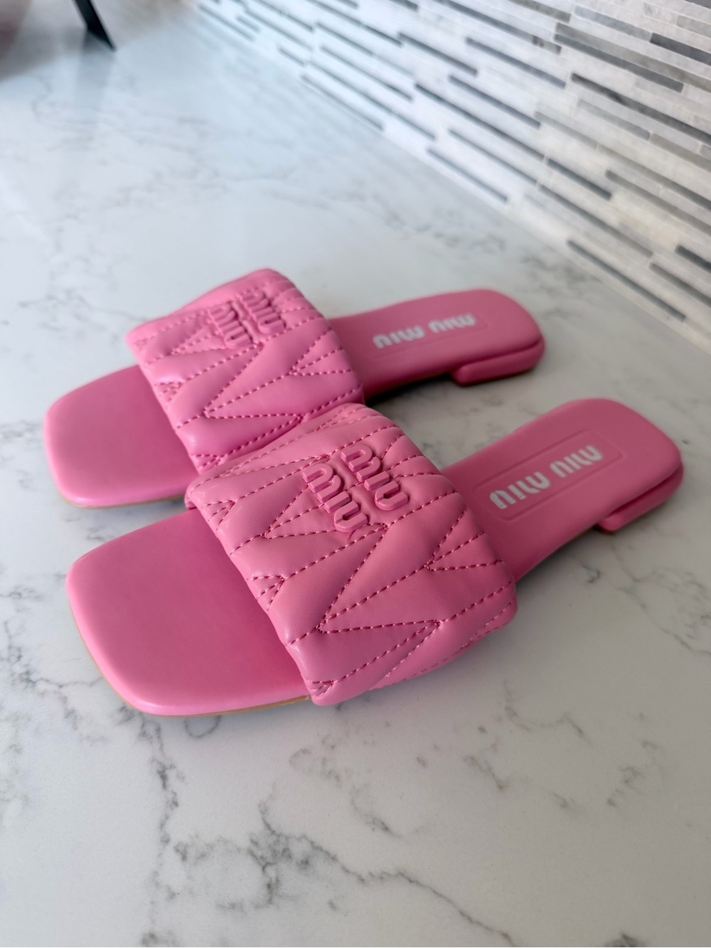Miu Miu Quilted Logo Slide Sandals in Pink size 7 - Picture 8 of 8